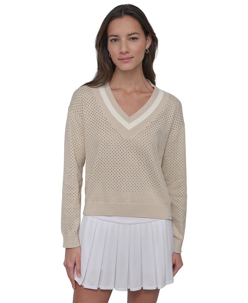 Dkny Sport Women's Open-Knit Mesh Striped V-Neck Sweater