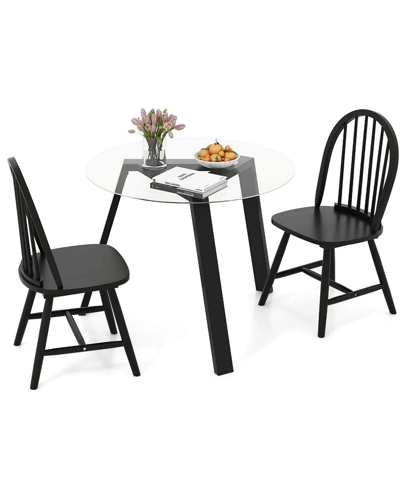 3 Pcs Dining Set for 2 Round Table with 2 Chairs Solid Rubber Wood Frame Modern