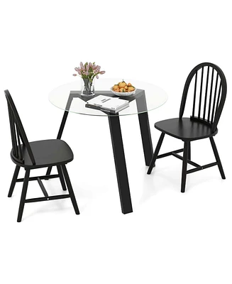 3 Pcs Dining Set for 2 Round Table with 2 Chairs Solid Rubber Wood Frame Modern