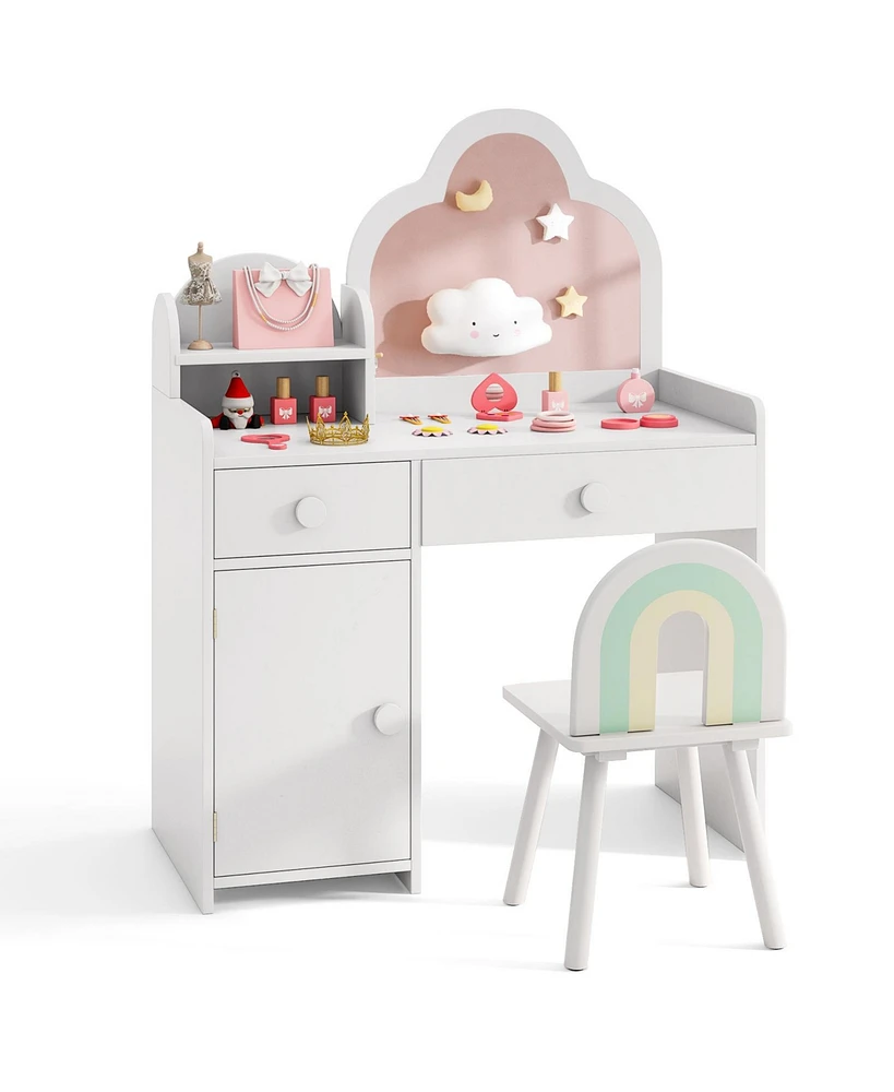 Kids Vanity Table with Cloud Mirror, Chair, and Open Shelf for Bedroom or Playroom