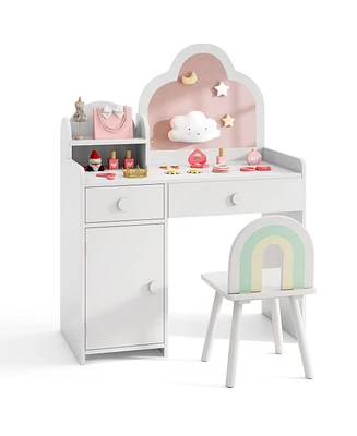 Kids Vanity Table with Cloud Mirror, Chair, and Open Shelf for Bedroom or Playroom