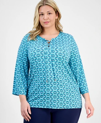 Jm Collection Plus Printed Lace-Up Split-Neck Top