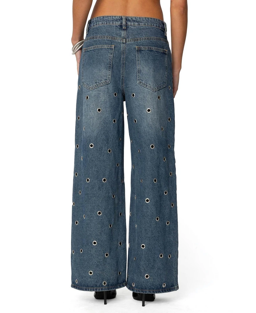 Edikted Womens Jainie Grommet Low Rise Jeans