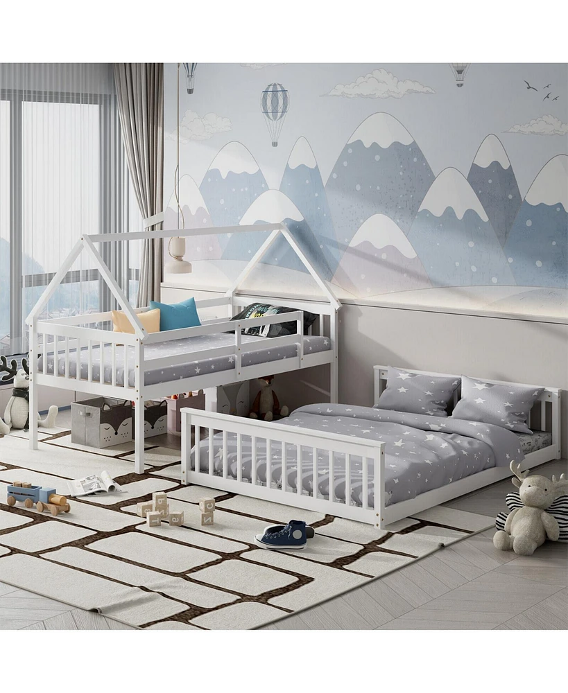 House Bunk Bed with Ladder, Guardrails, and Playhouse Design for Kids Bedroom Furniture