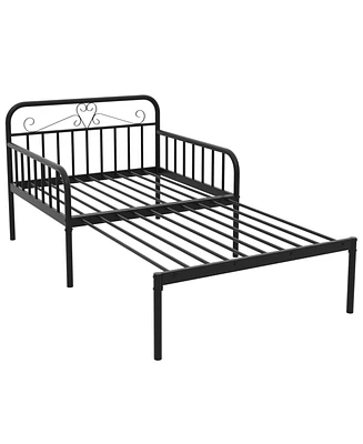 Extendable Metal Daybed with Guardrails and Armrests for Guest or Kids Room