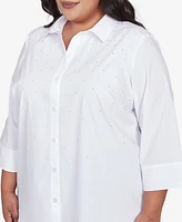 Alfred Dunner Plus Size Flower Power Studded Button Down Collared Top