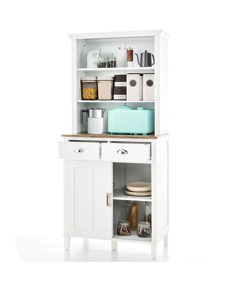 Freestanding Kitchen Pantry with Hutch, Sliding Door, and Drawer Stylish Storage for Kitchen Organization
