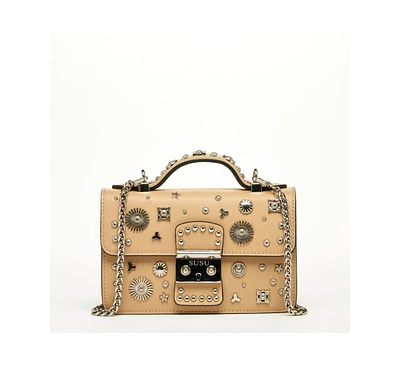 Susu Women s Beige Studded Crossbody Bag Designer Leather Shoulder Purse with Chain Strap and Top Handle, Statement Handbag with Silver Embellishments