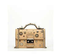 Susu Women s Beige Studded Crossbody Bag Designer Leather Shoulder Purse with Chain Strap and Top Handle, Statement Handbag with Silver Embellishments