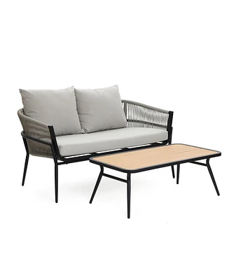 LuxenHome Outdoor Aluminum with Pe Rope Loveseat Sofa with Cushions and Coffee Table Set
