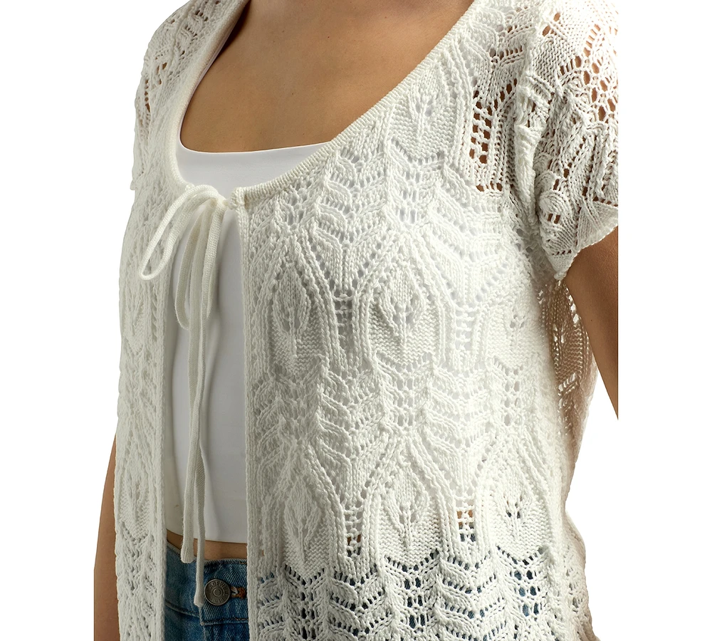 Bcx Juniors' Scalloped Pointelle Short-Sleeve Cardigan