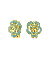 Bling Jewelry Fashion Enamel 3D Rose Flower Clip On Earrings Button Style For Non-Pierced Ears Gold Plated