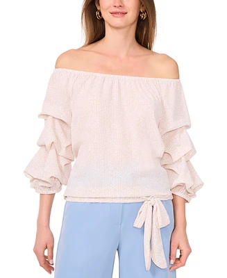 Vince Camuto Women's Sheer-Printed Off-The-Shoulder Bubble 3/4-Sleeve Tie-Front Blouse