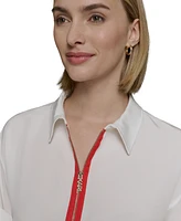 Karl Lagerfeld Paris Women's Contrast-Placket Zip-Front Top