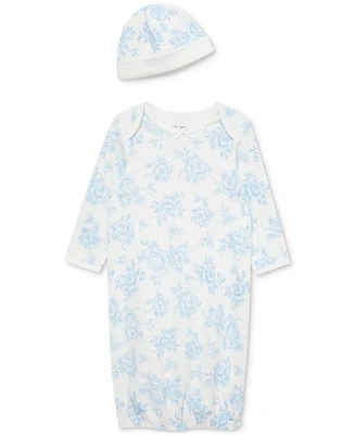 Little Me Baby Girls Blue Roses Cotton Gown & Hat, 2 Piece Set