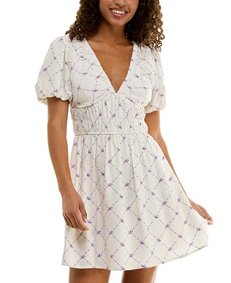 Trixxi Juniors' Puff-Sleeve Surplice Ruched Fit & Flare Dress