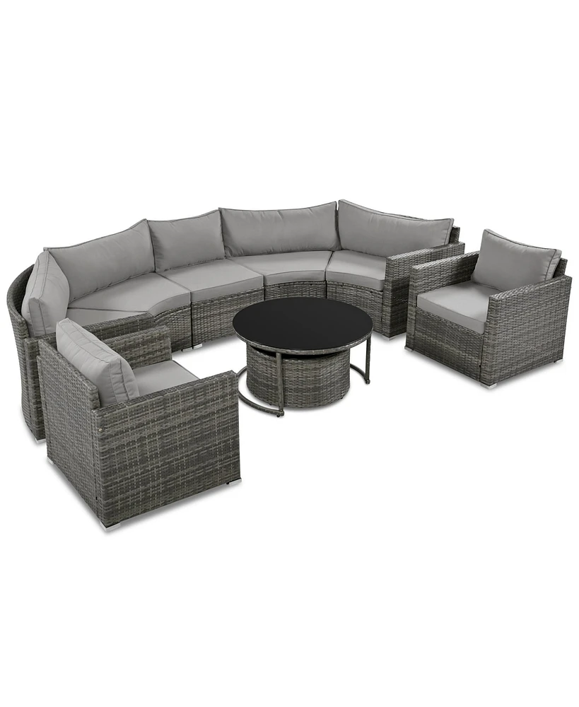 9-Pieces Outdoor Half-moon Patio Sofa Set, Round Sofa Set, Modern Style Sofa, Gray Wicker