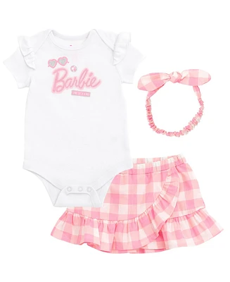 Barbie Baby Girls Bodysuit Ruffle Skirt and Bow Headband 3 Piece Outfit Set Newborn to