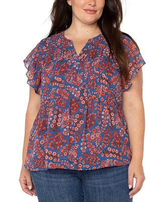 Liverpool Plus Size Printed Split-Neck Flutter-Sleeve Blouse
