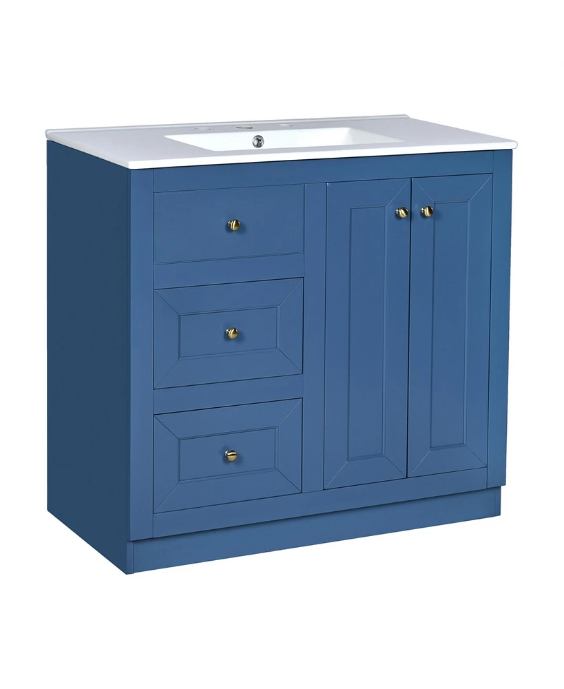 36" Blue Bathroom Vanity with Ceramic Sink and Storage