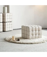 17.32"W Genuine Leather Tufted Ottoman,Footstool for Living Room & Bedroom,Beige Color