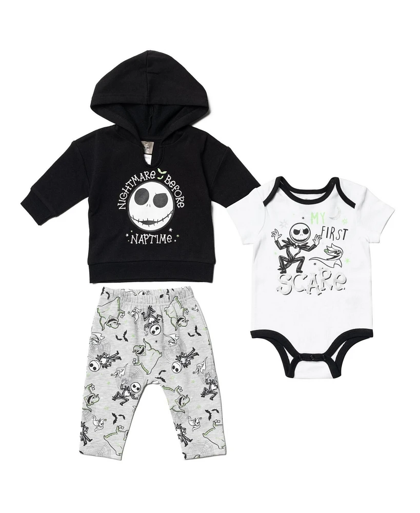 Nightmare Before Christmas Baby Boys Disney Fleece Pullover Hoodie Bodysuit and Pants 3 Piece Outfit Set