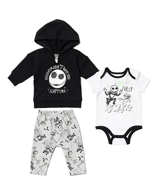 Nightmare Before Christmas Baby Boys Disney Fleece Pullover Hoodie Bodysuit and Pants 3 Piece Outfit Set