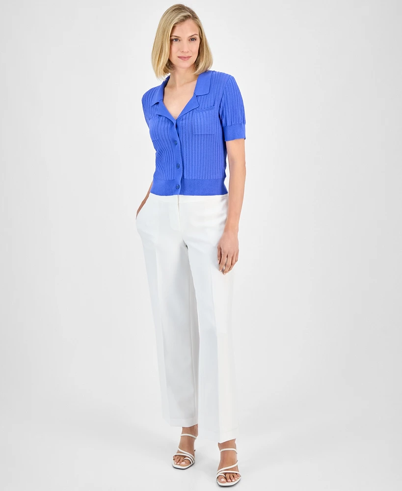 Tahari Asl Stripe-Textured Knit Button-Front Top, Regular & Petite
