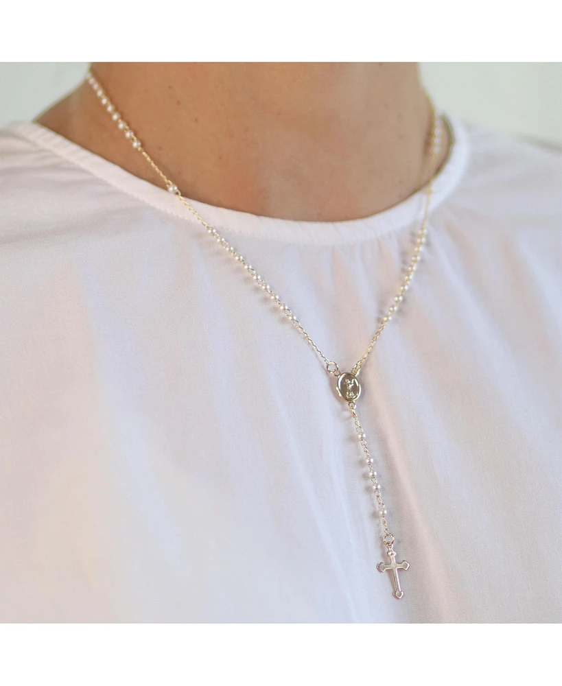 Bling Jewelry Dainty Religious Guardian Angel Rosary Necklace with White Simulated Pearls Gold Plated Brass