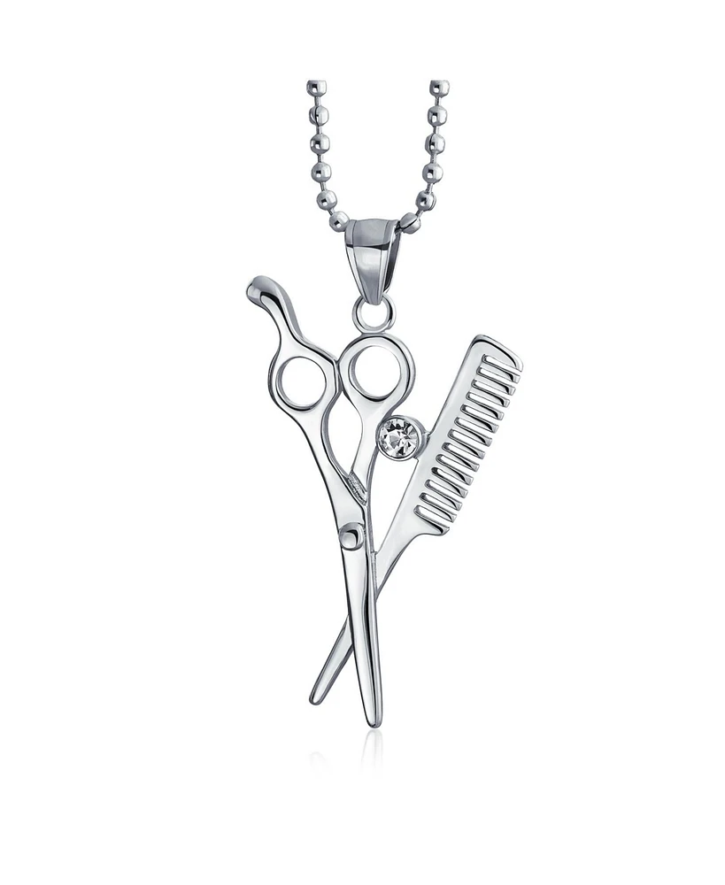Bling Jewelry Whimsical Scissors Comb Pendant Necklace Crystal Accent Stainless Steel Chain