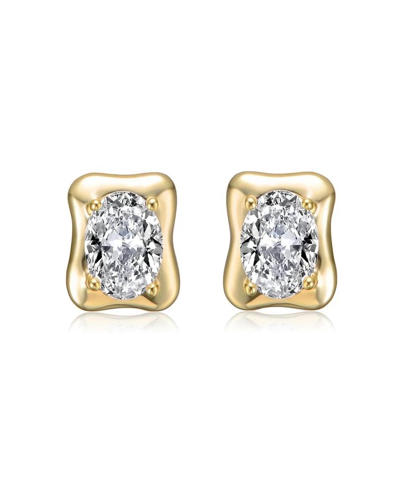 Sterling Silver 14K Gold Plated with Clear Cubic Zirconia Wavey Square Stud Earrings