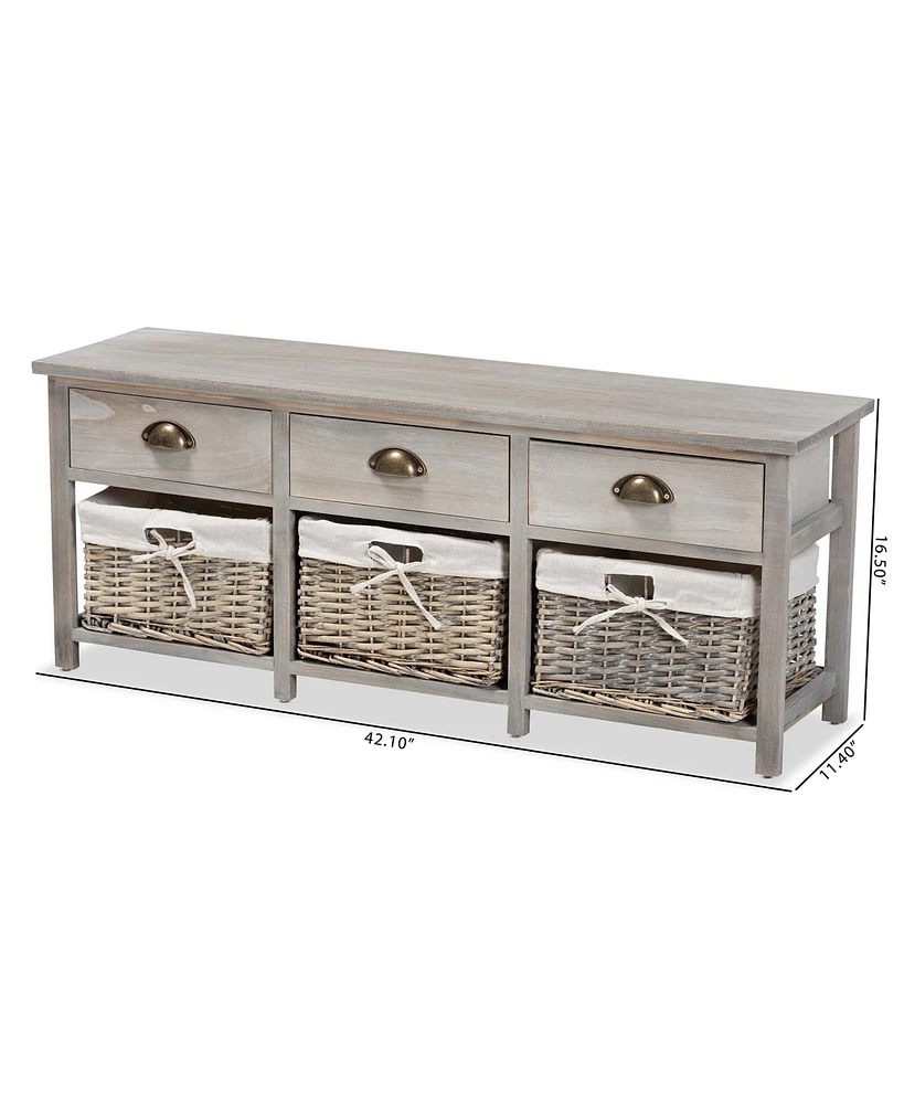 Baxton Studio Mabyn Modern and Contemporary Light Grey Finished Wood 3-Drawer Storage Bench with Baskets