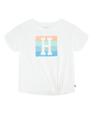 Tommy Hilfiger Big Girls Sequin Side Tie Short Sleeve T-Shirt