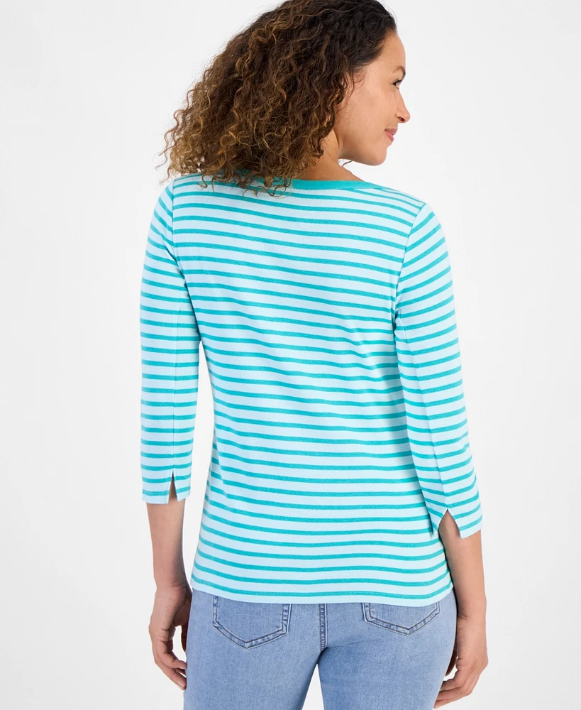 Style & Co Petite Pima Cotton Striped Boat-Neck 3/4-Sleeve Top, Exclusively at Macy's