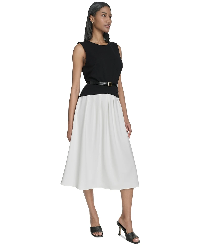 Halston Women's Sleeveless Split-Color Flared Midi Dress