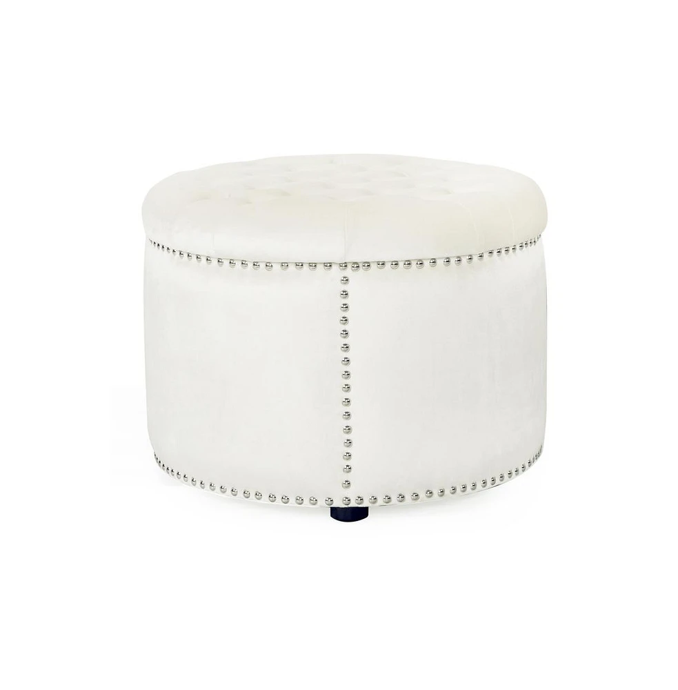 Round Velvet Tufted Ottoman, Upholstered Footrest with Button-Tufted Design & Studded Trim-The Pop Home