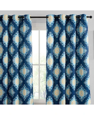 Hlc.me Liam Ogee Ikatt Damask Patterned Window Grommet Curtains Bedroom - Light Blocking Darkening Window Panels, Set of 2 (Navy Blue