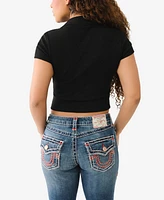 True Religion Women's Ss Deep V-Neck Rib Polo Top