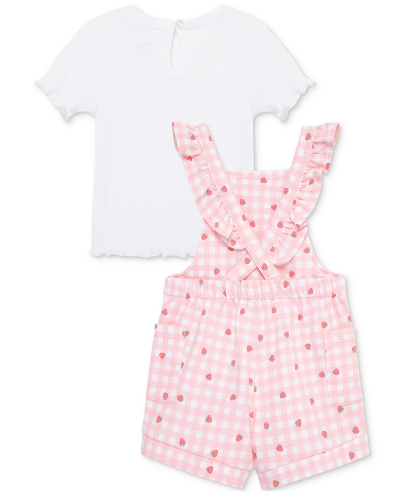 Little Me Baby Girls 2-Pc. T-Shirt & Strawberry Check Shortall Set