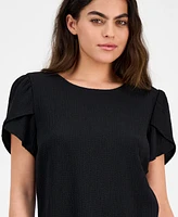 Ak Anne Klein Petite Textured Tulip-Sleeve Jewel-Neck Top
