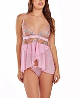 iCollection Women's Sheer Ebriodered Bodice Babydoll Lingerie Set