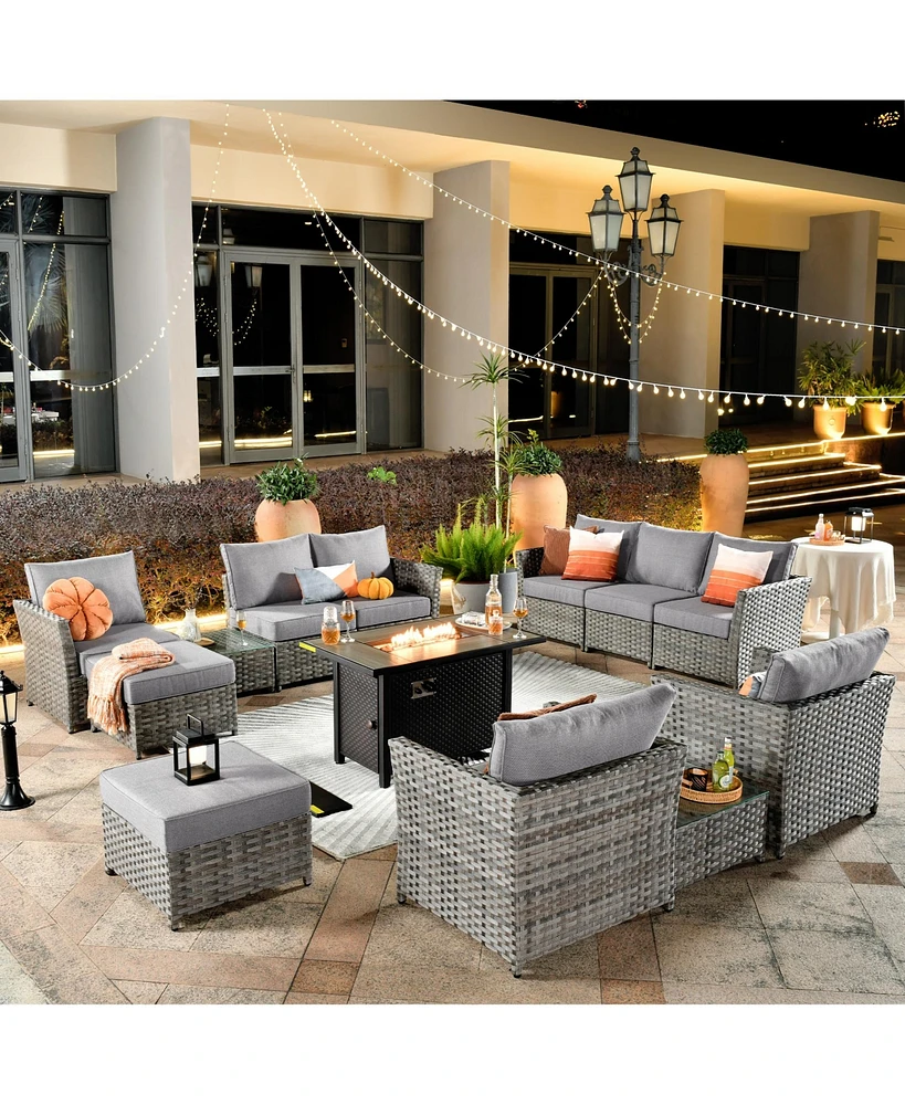 Xizzi 13 Pieces Outdoor Furniture Patio Sectional Sofa,No Assembly Required Pe Wicker Conversation Sets with 42" Fire Pit,Armchairs,Ottomans and Coffe