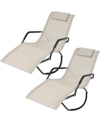 Outdoor Folding Rocking Chaise Lounge Chair with Headrest Pillows - Beige - 2pk