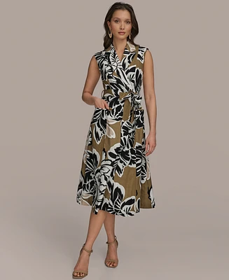 Donna Karan New York Women's Printed Linen-Blend Faux-Wrap Dress