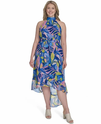 Eliza J Plus Printed Chiffon High-Low Halter Dress