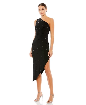 Mac Duggal Women's Rhinestone Encrusted One Shoulder Asymmetrical Hem Dress
