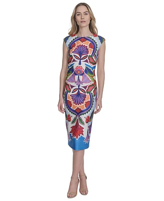 Vince Camuto Petite Placement-Print Cap-Sleeve Midi Dress