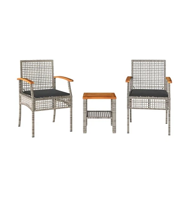 3 Piece Bistro Set with Cushions Gray Poly Rattan Acacia Wood