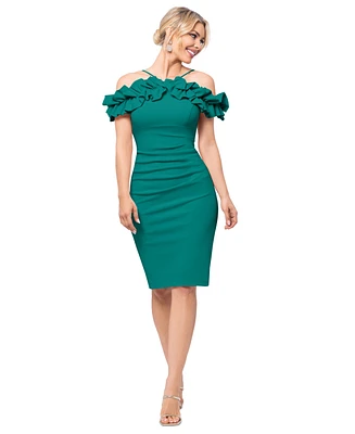 Xscape Petite Off-The-Shoulder Ruffled Scuba Crepe Bodycon Dress