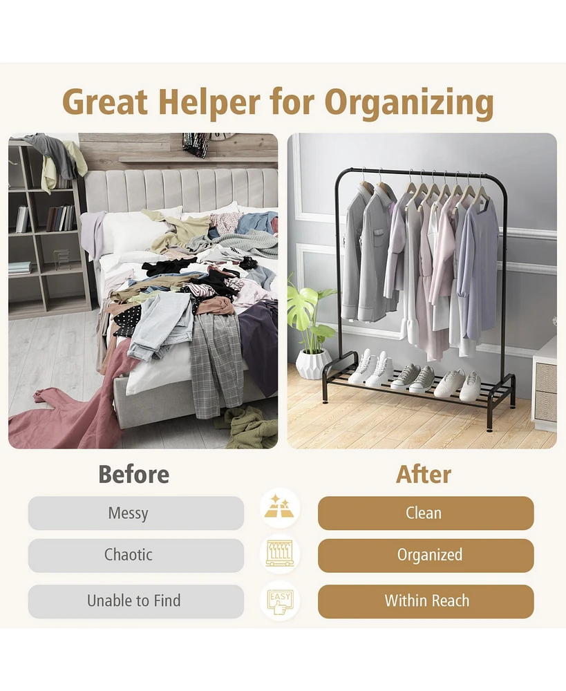 Heavy Duty Clothes Stand Rack with Top Rod and Lower Storage Shelf